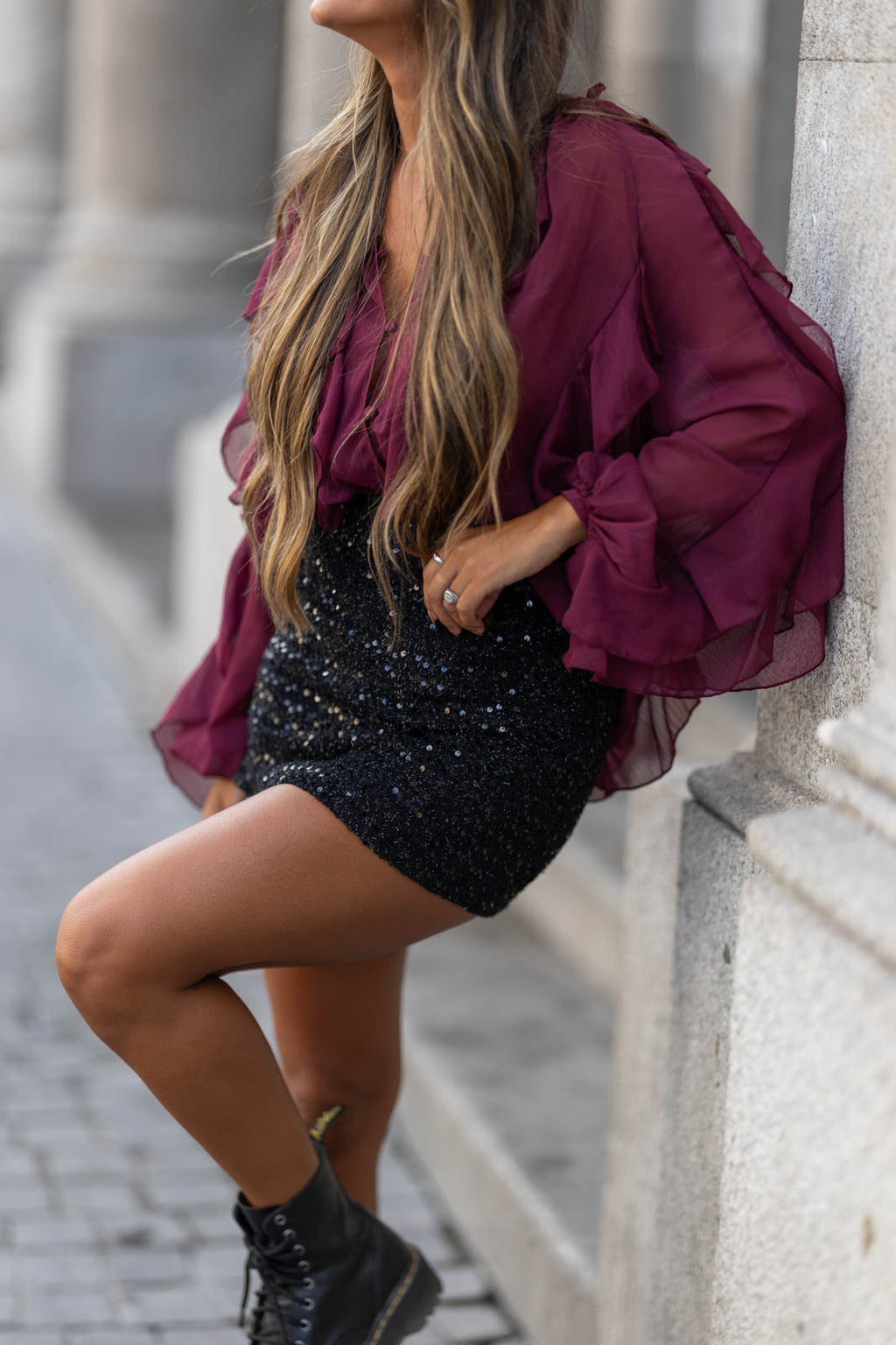 Blusa em Chiffon Bordo com Volantes