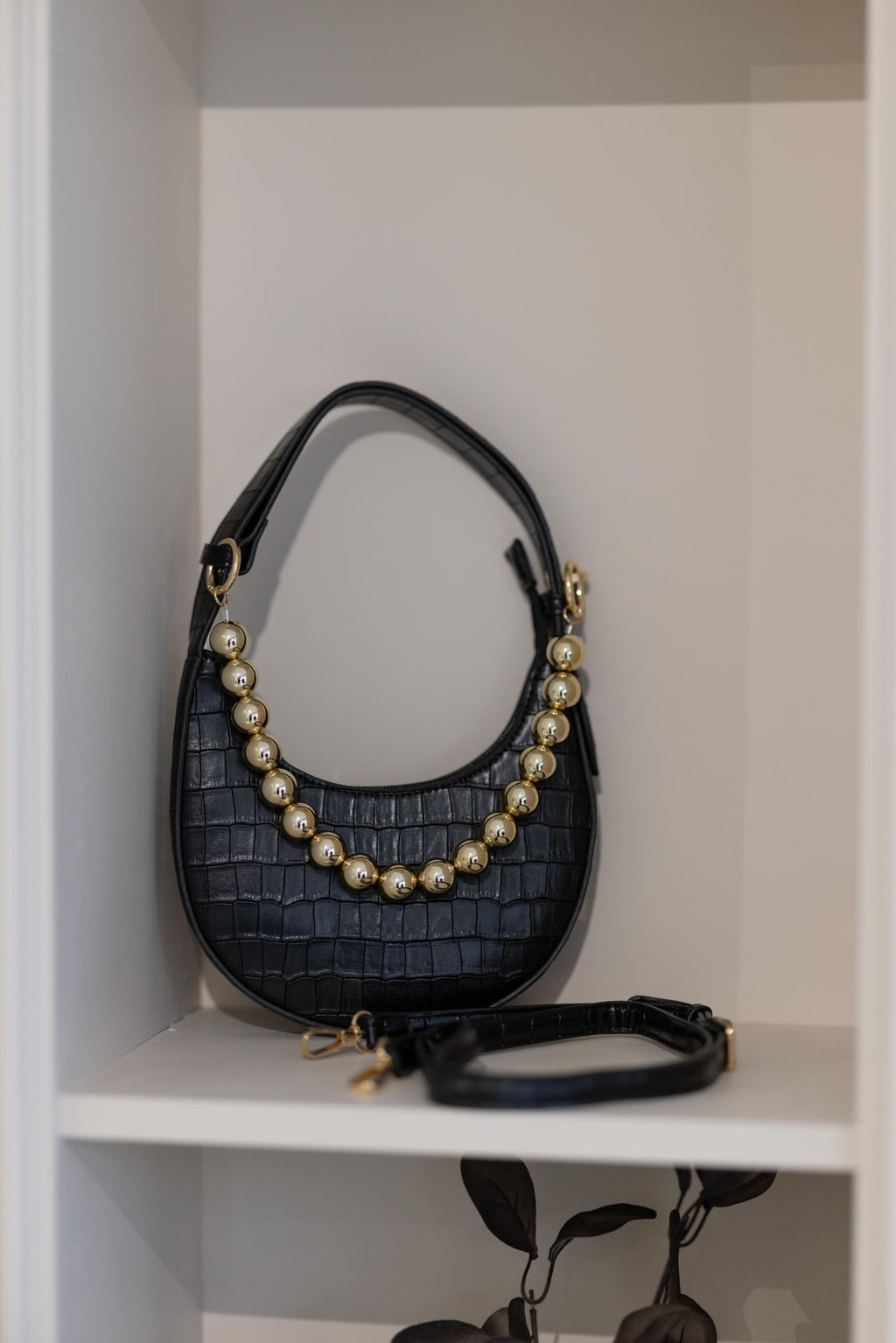 Mala Esfera Croco com Pérolas – Alça Elegante • Preta / Castanha
