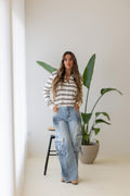 Cardigan de Malha às Riscas Bege e Castanho Feminino