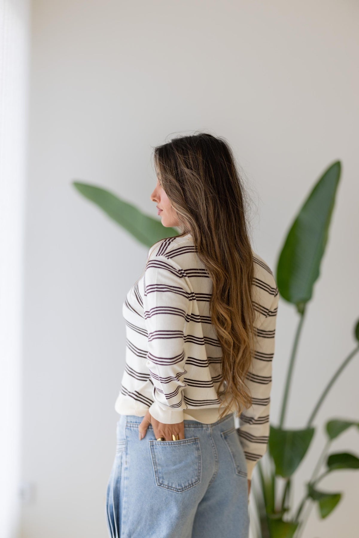 Cardigan de Malha às Riscas Bege e Castanho Feminino