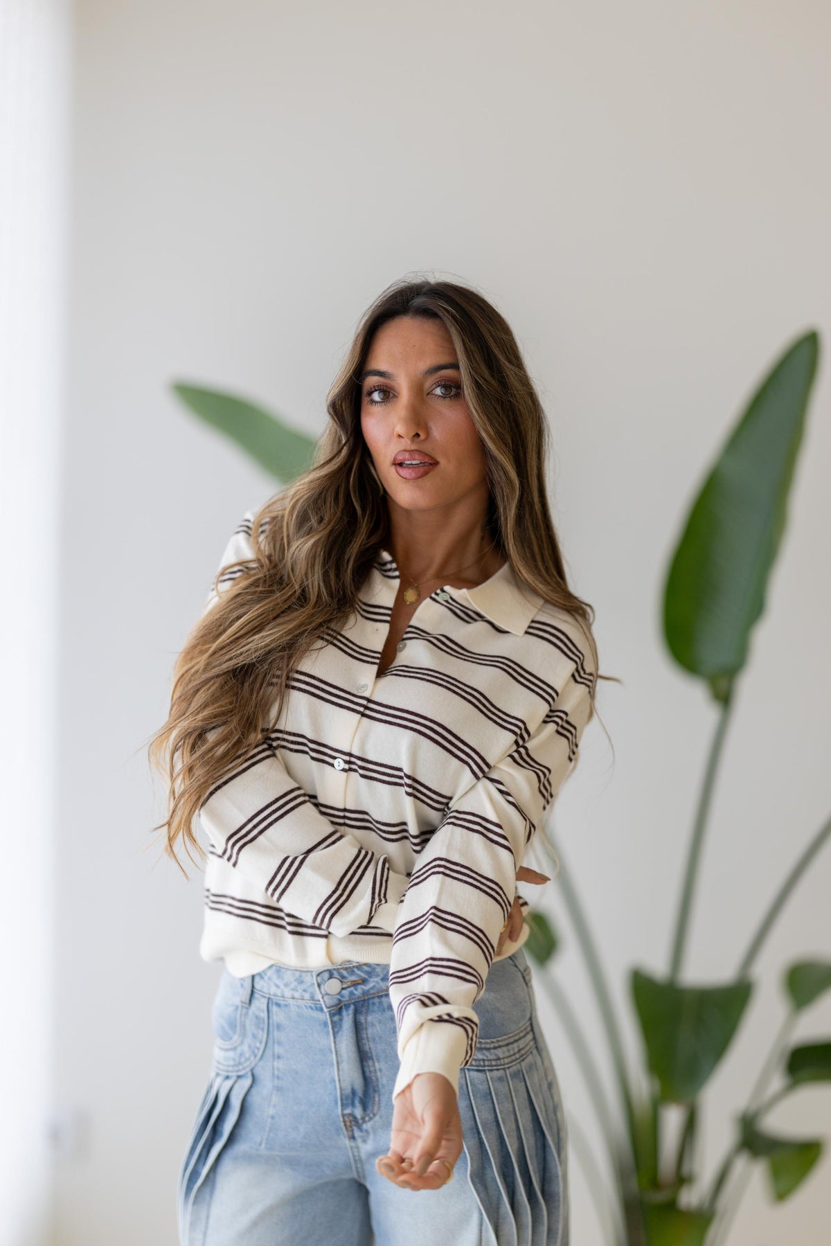 Cardigan de Malha às Riscas Bege e Castanho Feminino