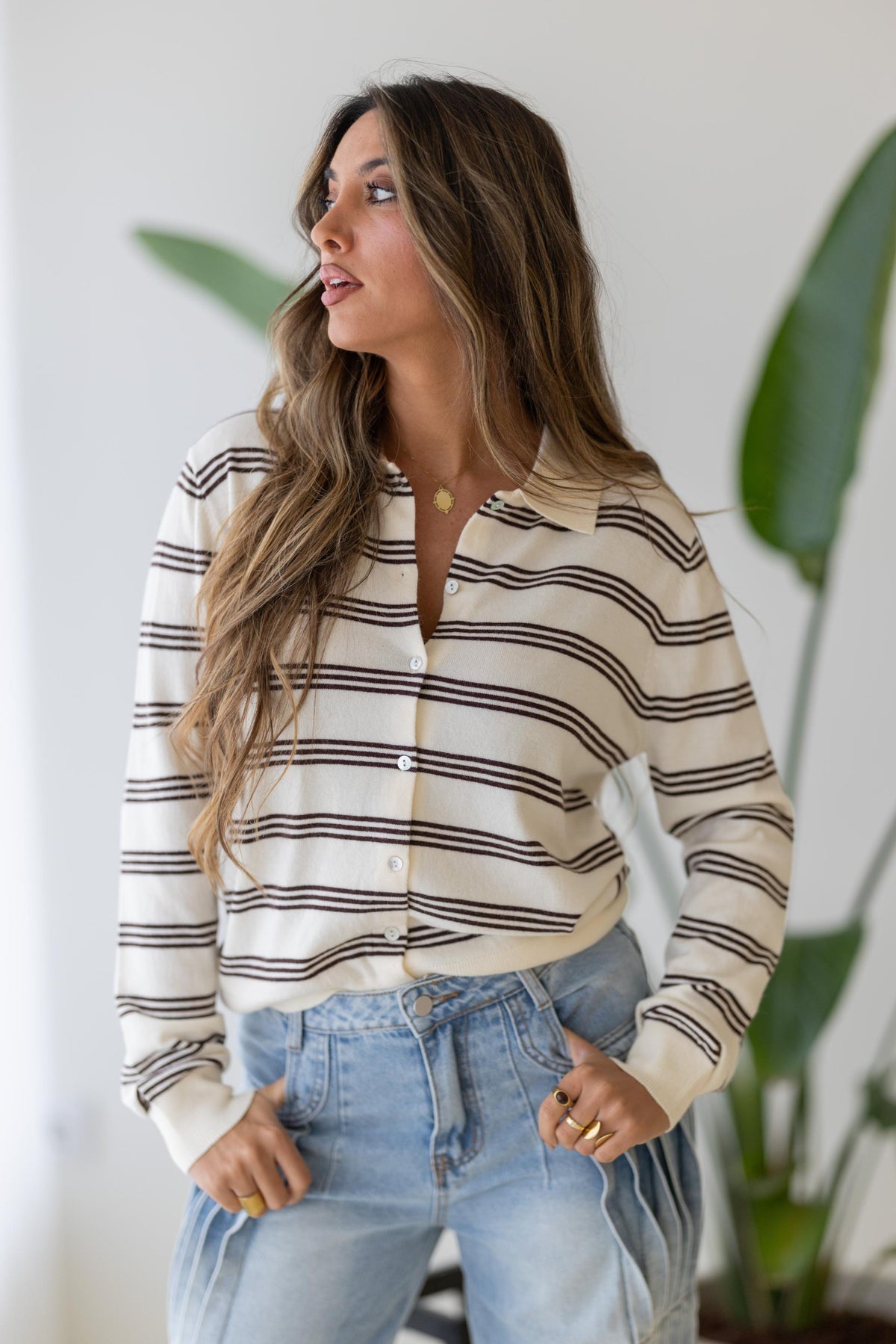 Cardigan de Malha às Riscas Bege e Castanho Feminino