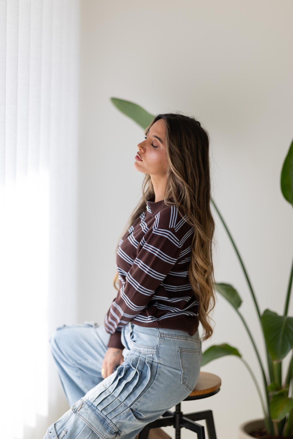 Cardigan Feminino em Malha Castanho com Riscas