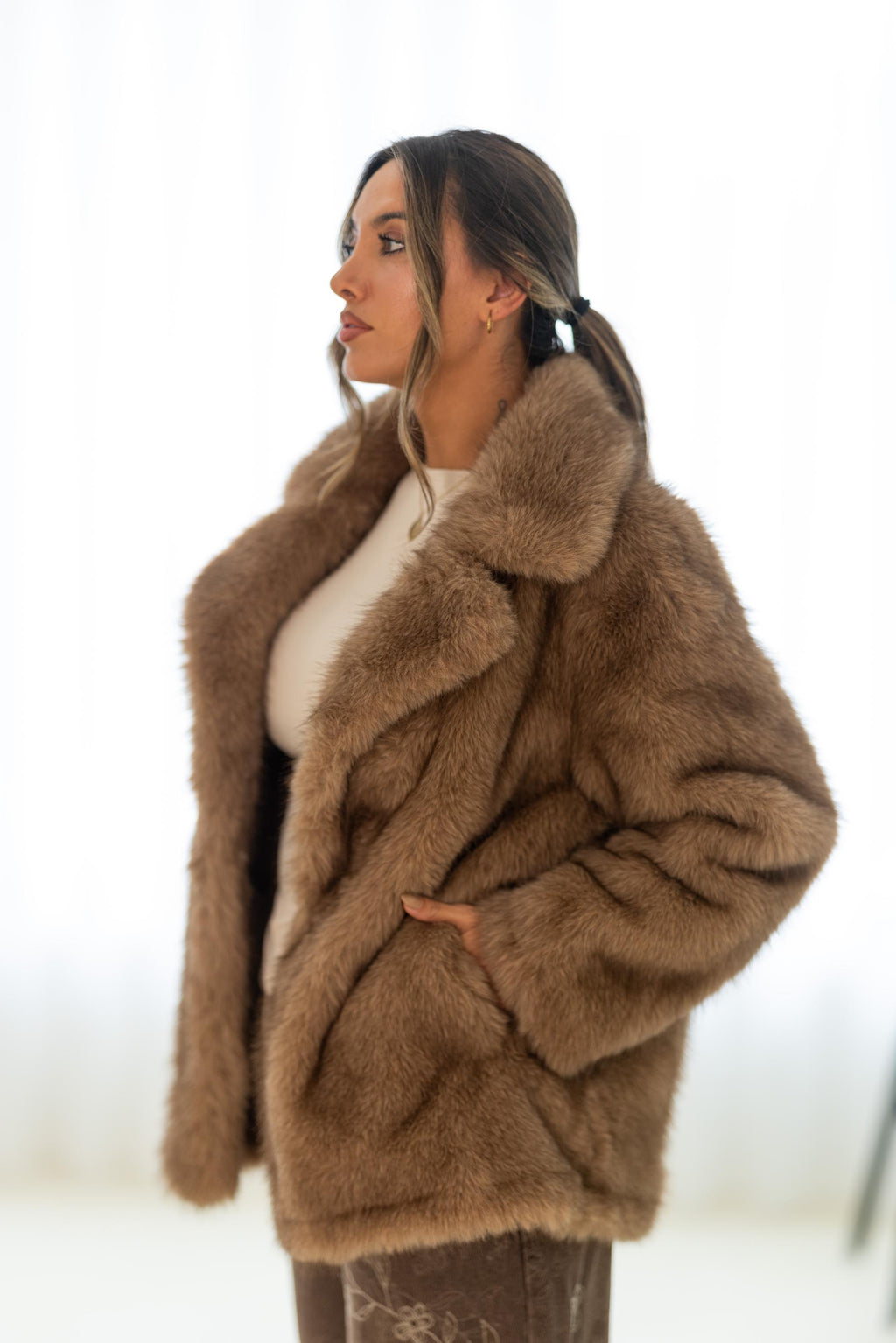 Casaco de Pelo  Castanho Claro Oversized
