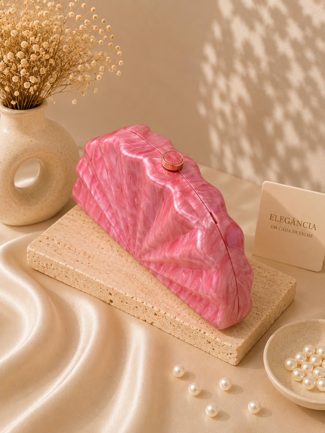 Clutch Concha Acrílico - Rosa Pérola